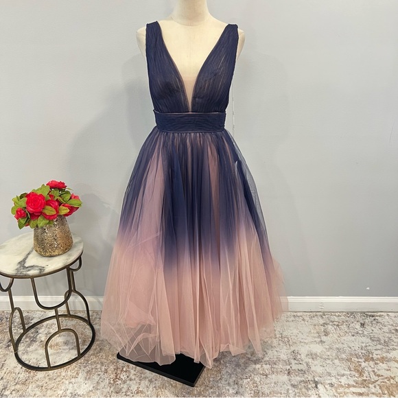 Mac Duggal 20403 Indigo Ombré Tulle Sleeveless V-Neck Midi Dress - Reemoly